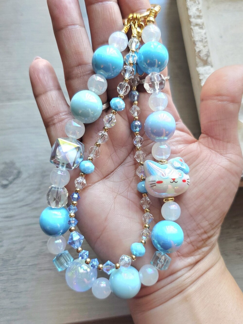 Chunky Blue Cat Charm Beaded Phone Strap Or Bag Charm - Picture 3 of 5